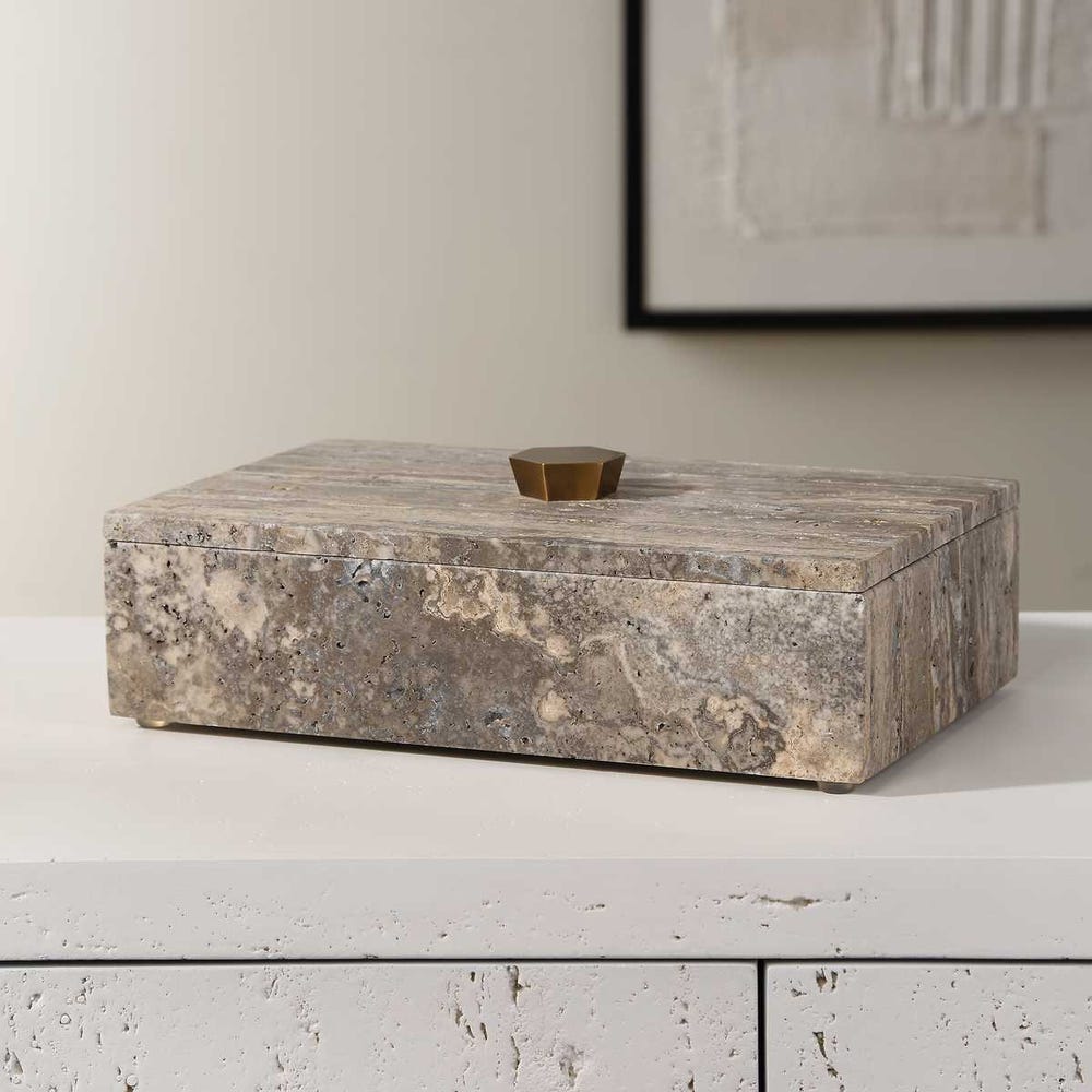 Gray travertine keepsake box with bronze lift-off lid, artisan-crafted and one-of-a-kind.