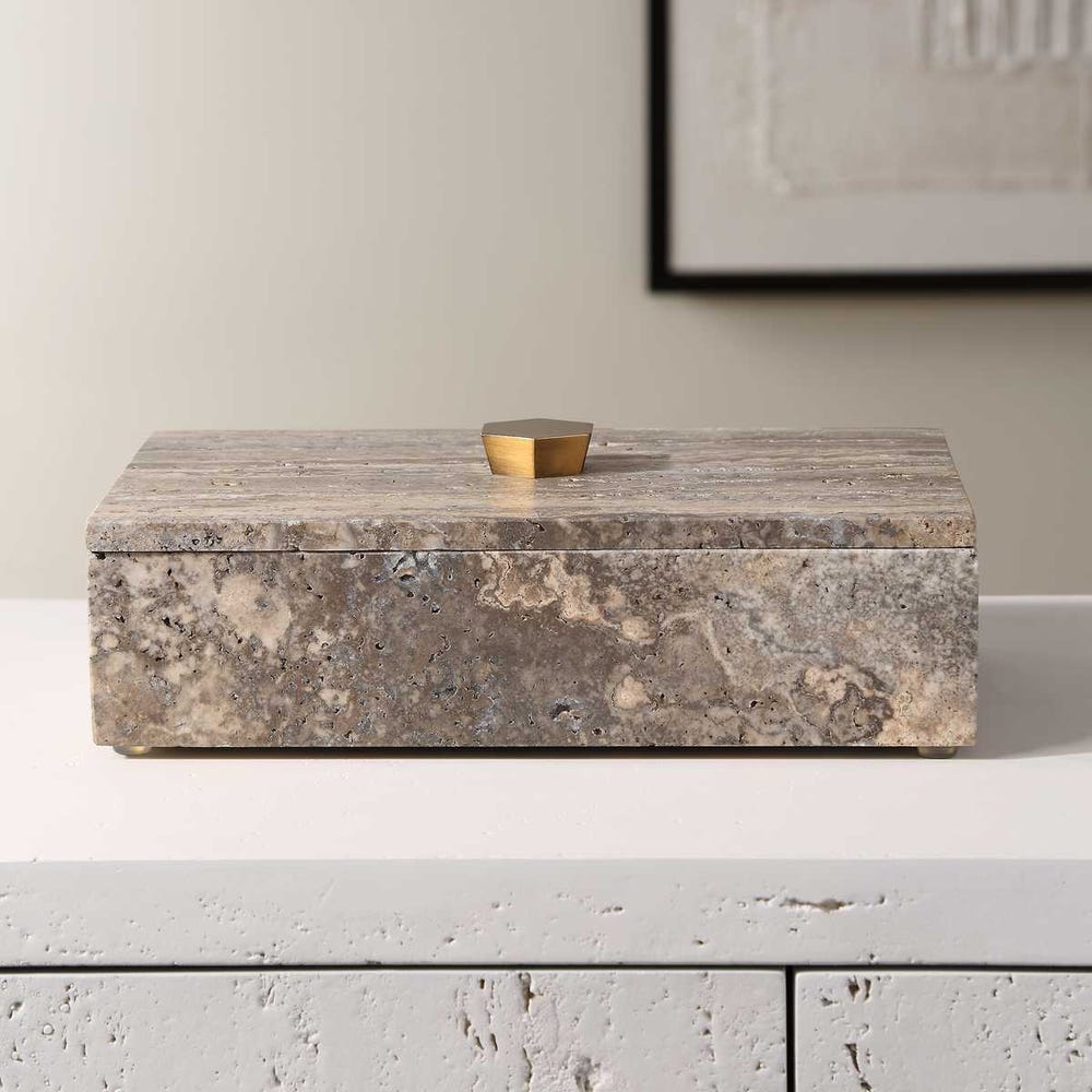 Gray travertine keepsake box with bronze lift-off lid, artisan-crafted and one-of-a-kind.