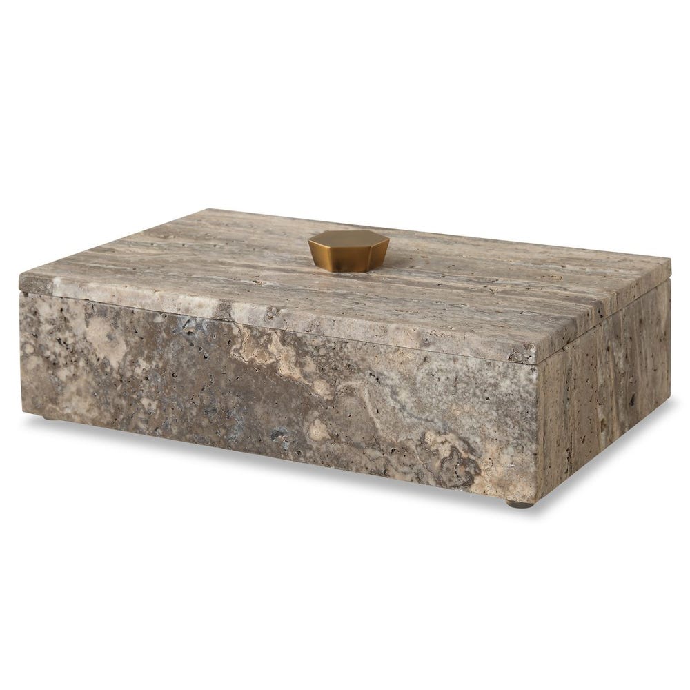 Gray travertine keepsake box with bronze lift-off lid, artisan-crafted and one-of-a-kind.
