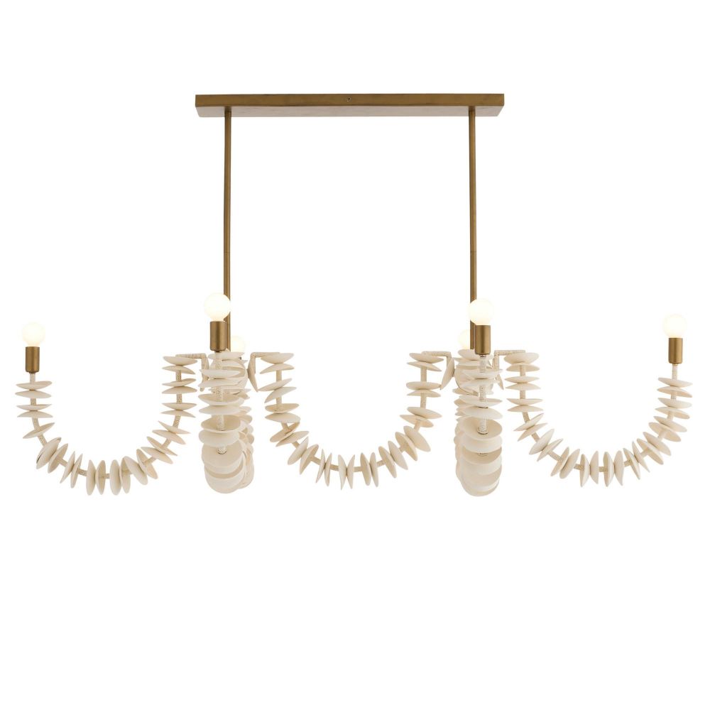 Ivory coconut shell chandelier with cascading strands and brass accents, offering sculptural coastal elegance for dining or entry spaces.