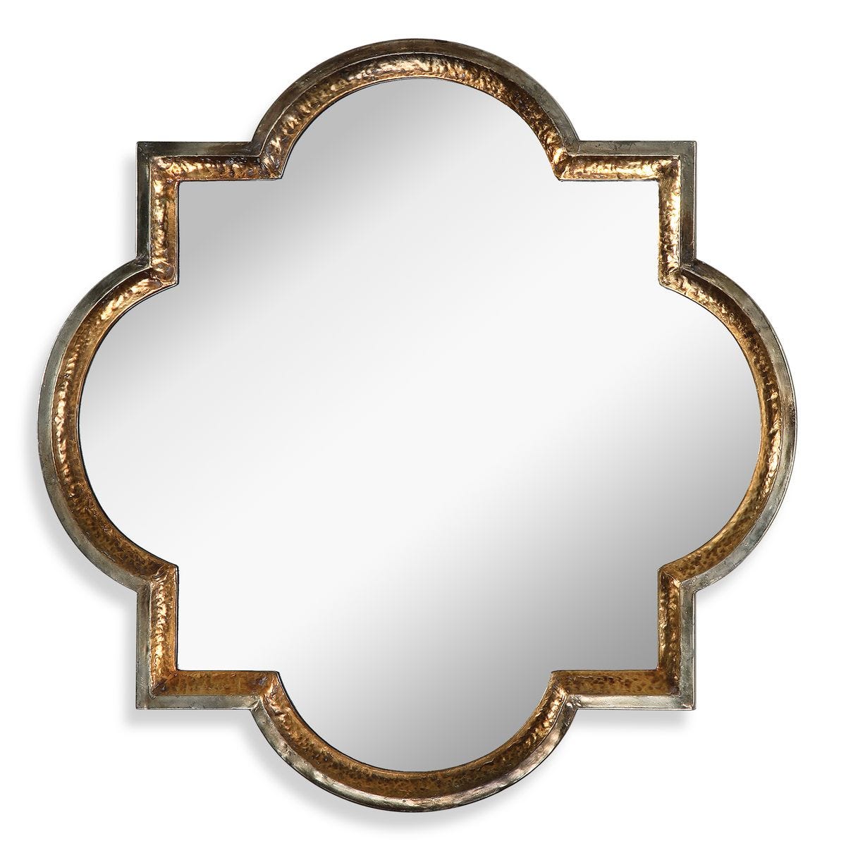 Valois Hammered Quatrefoil Mirror — hammered metal quatrefoil frame in antiqued copper-gold and silver champagne, statement mirror by Rachel Blindauer