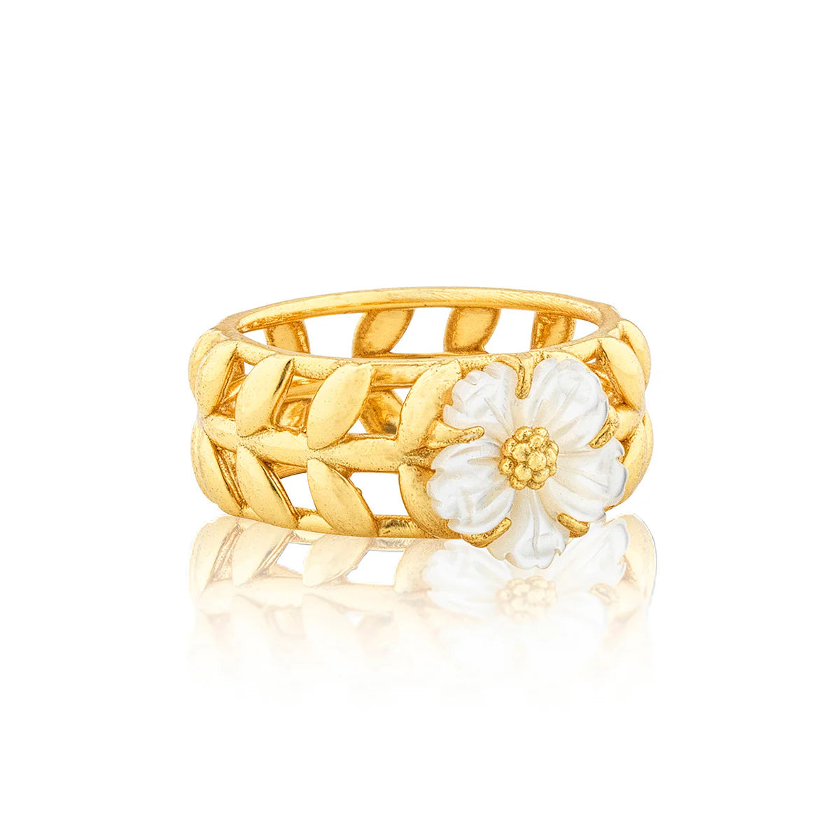 Gold vine ring with mother-of-pearl flower, hand-carved and gold-plated, inspired by spring gardens and timeless romance.