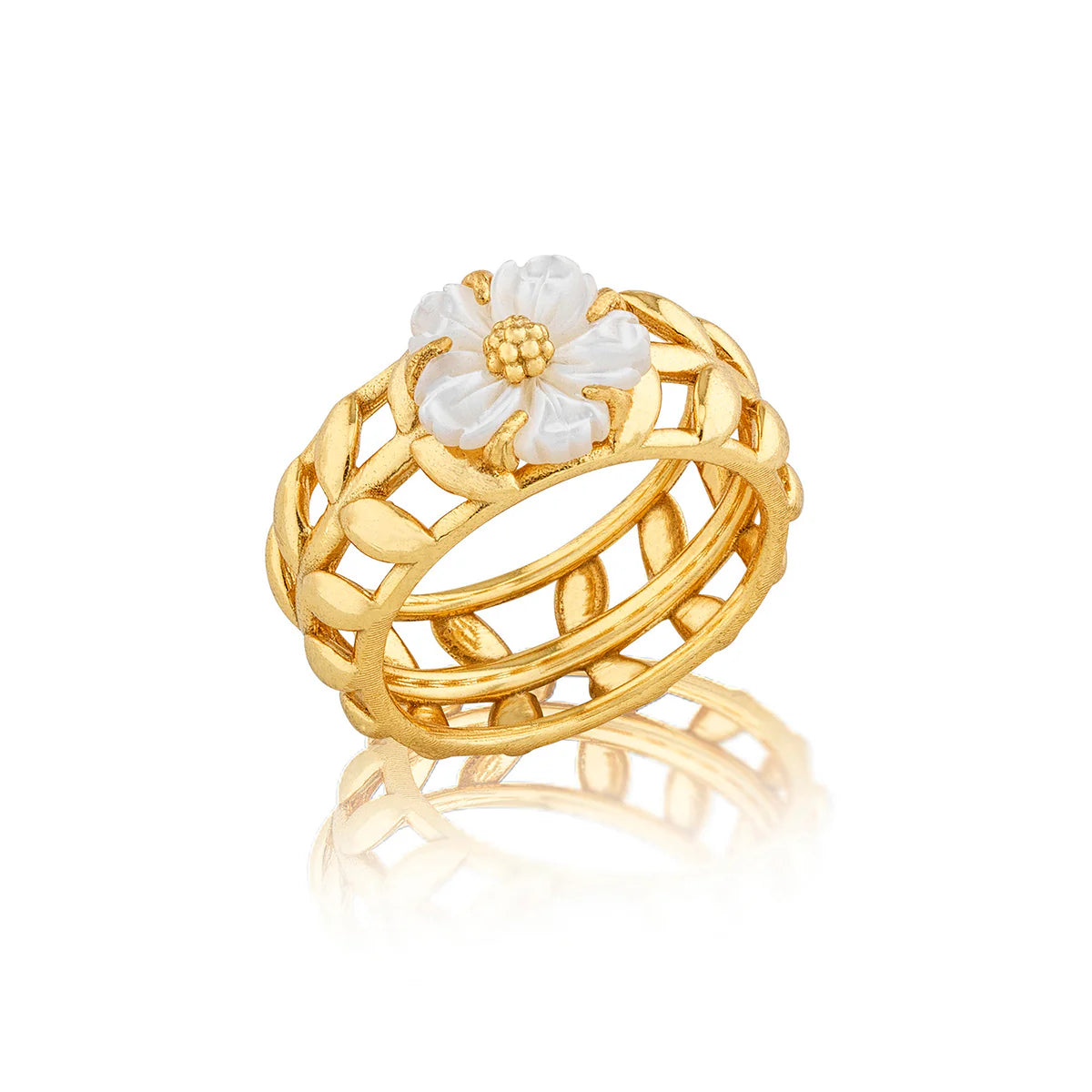 Gold vine ring with mother-of-pearl flower, hand-carved and gold-plated, inspired by spring gardens and timeless romance.