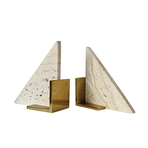 Pair of sculptural bookends in honed travertine with brass bases—ideal for styling shelves, consoles, or office book displays.