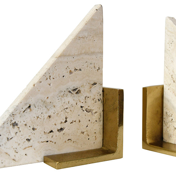 Pair of sculptural bookends in honed travertine with brass bases—ideal for styling shelves, consoles, or office book displays.