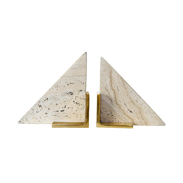 Pair of sculptural bookends in honed travertine with brass bases—ideal for styling shelves, consoles, or office book displays.