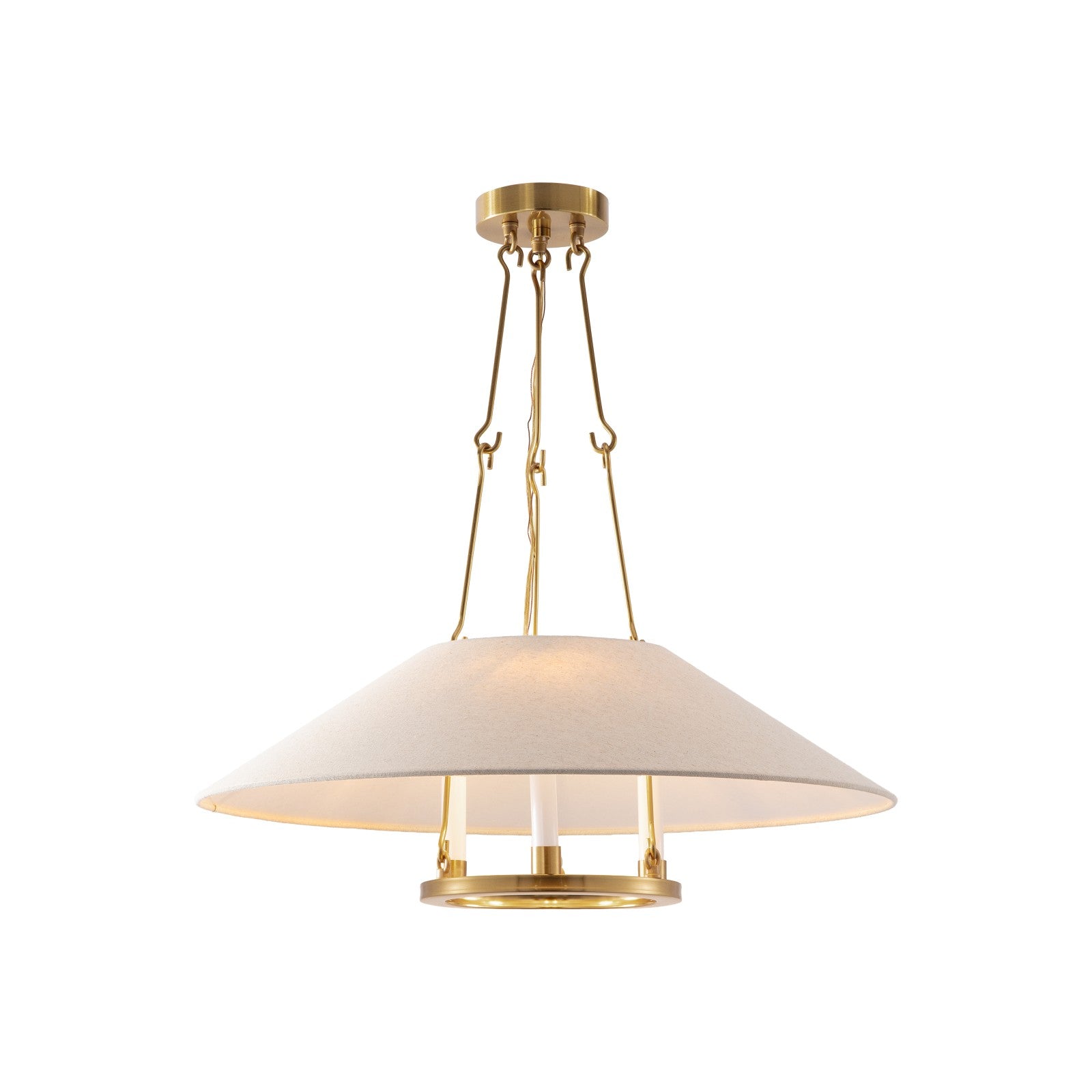 Wisteria Brass Chandelier detail — linen cone shade and brass arm, by Rachel Blindauer