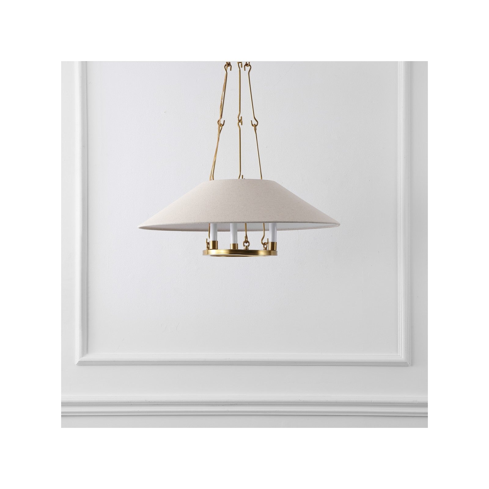Wisteria Brass Chandelier styled in an entryway, compact brass chandelier by Rachel Blindauer