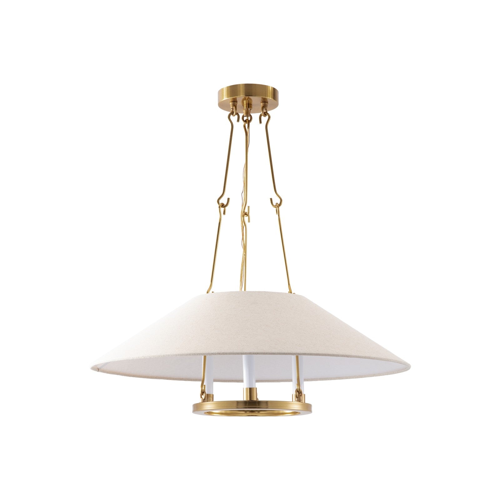 Wisteria Brass Chandelier — three-light brass fixture with linen cone shades, small dining lighting by Rachel Blindauer