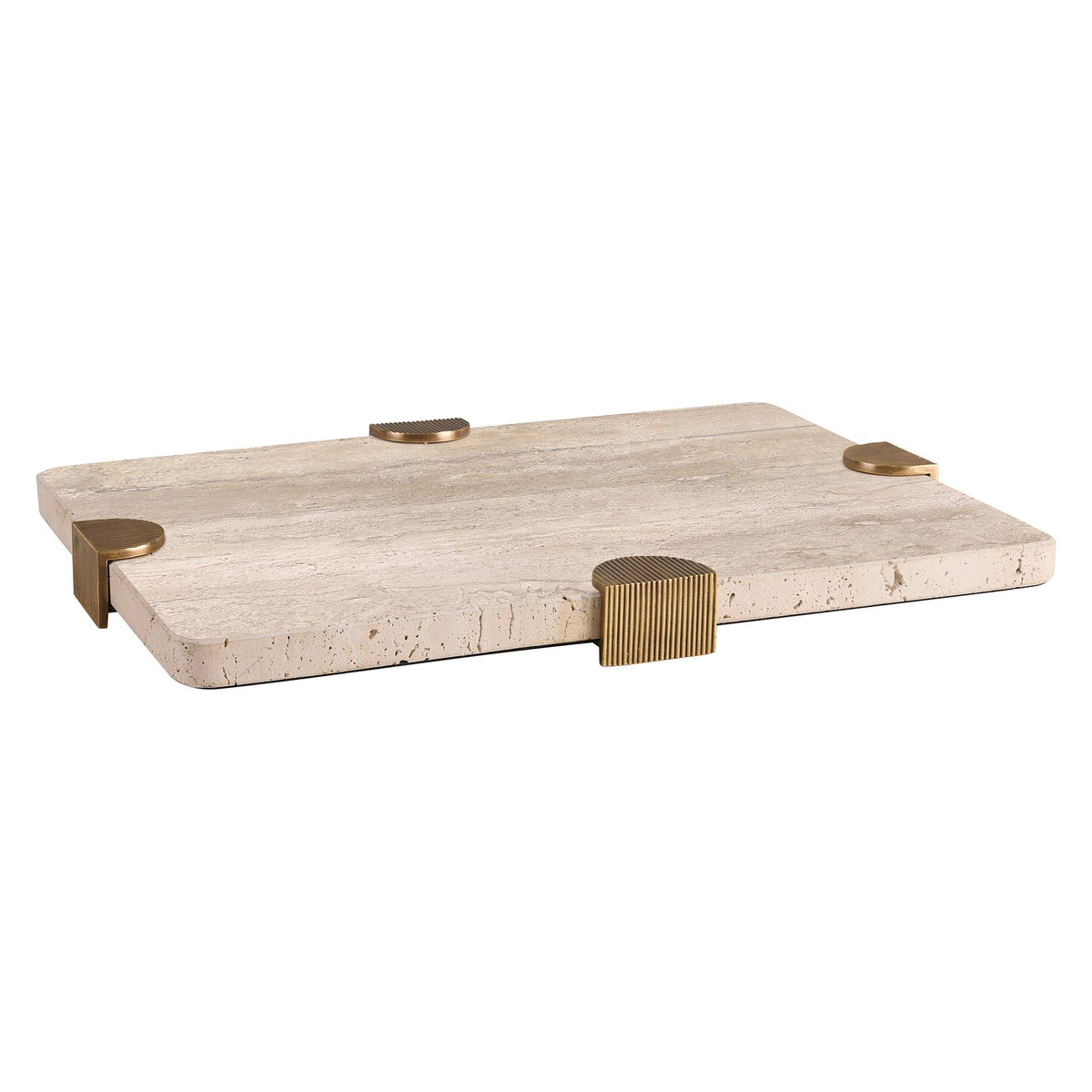 Aurelia beige marble tray with vintage brass corner clasps