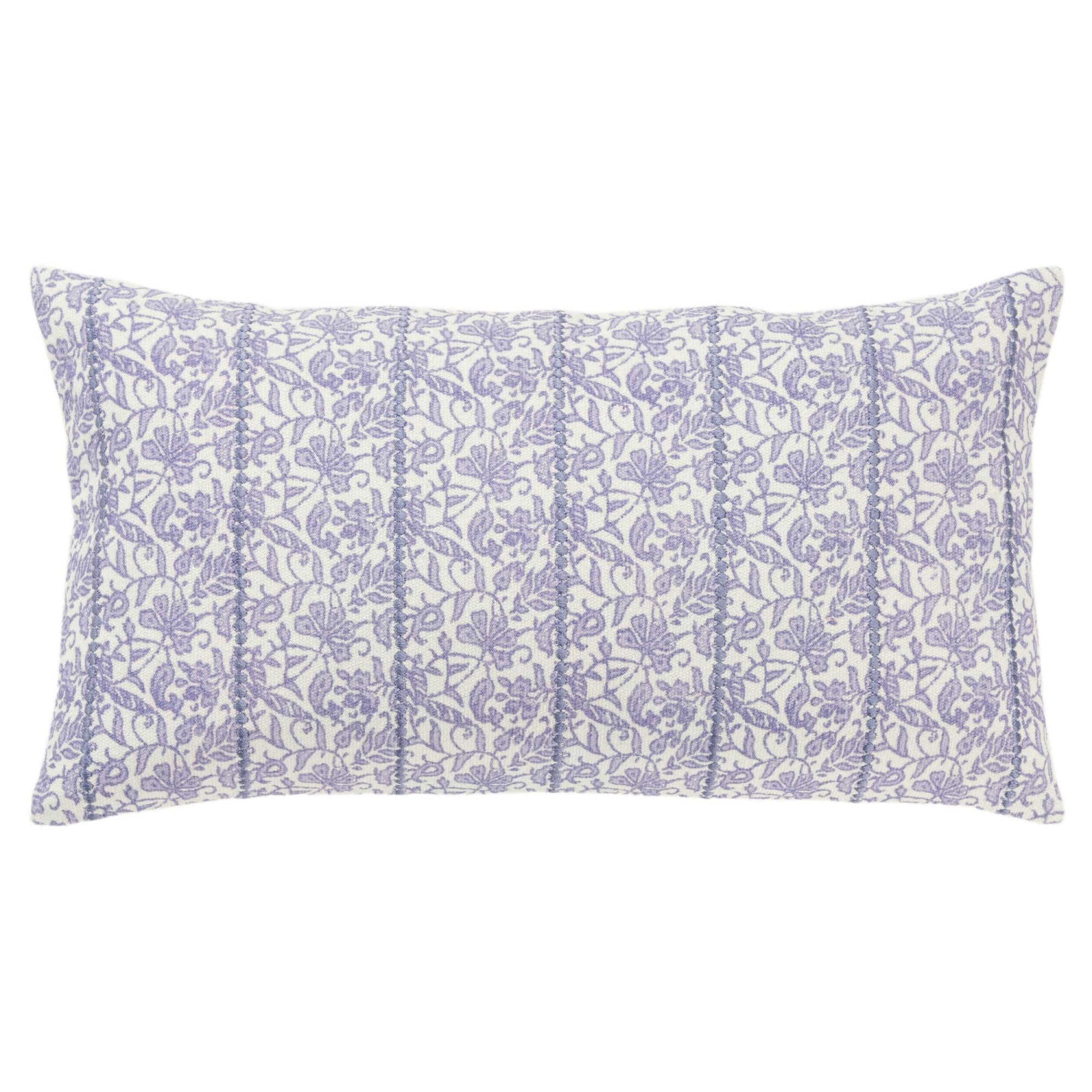 Wisteria block print lumbar pillow — soft violet floral on ivory cotton, 14 by 26 inches