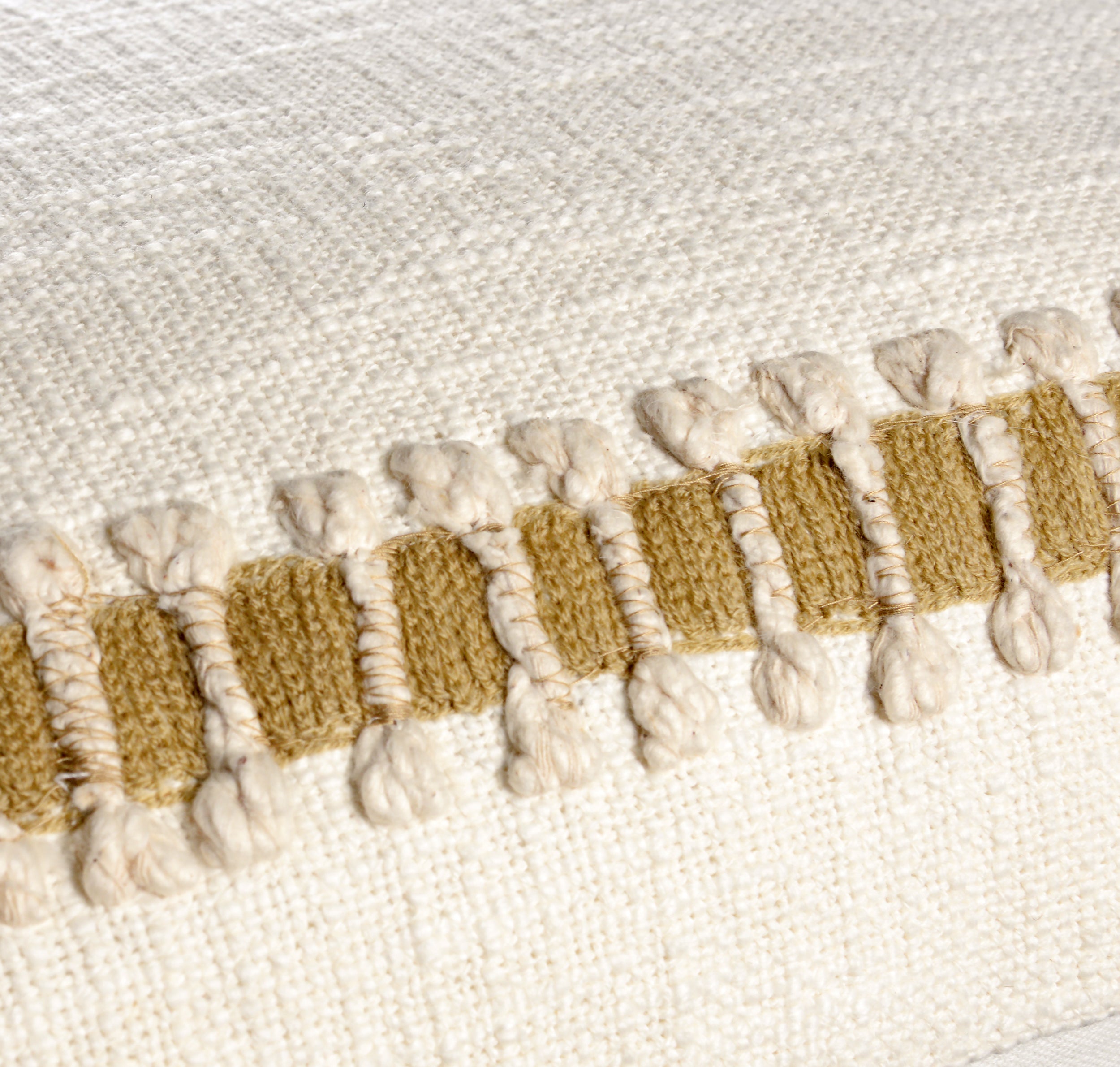 Detail of hand-guided ivory chainstitch embroidery
