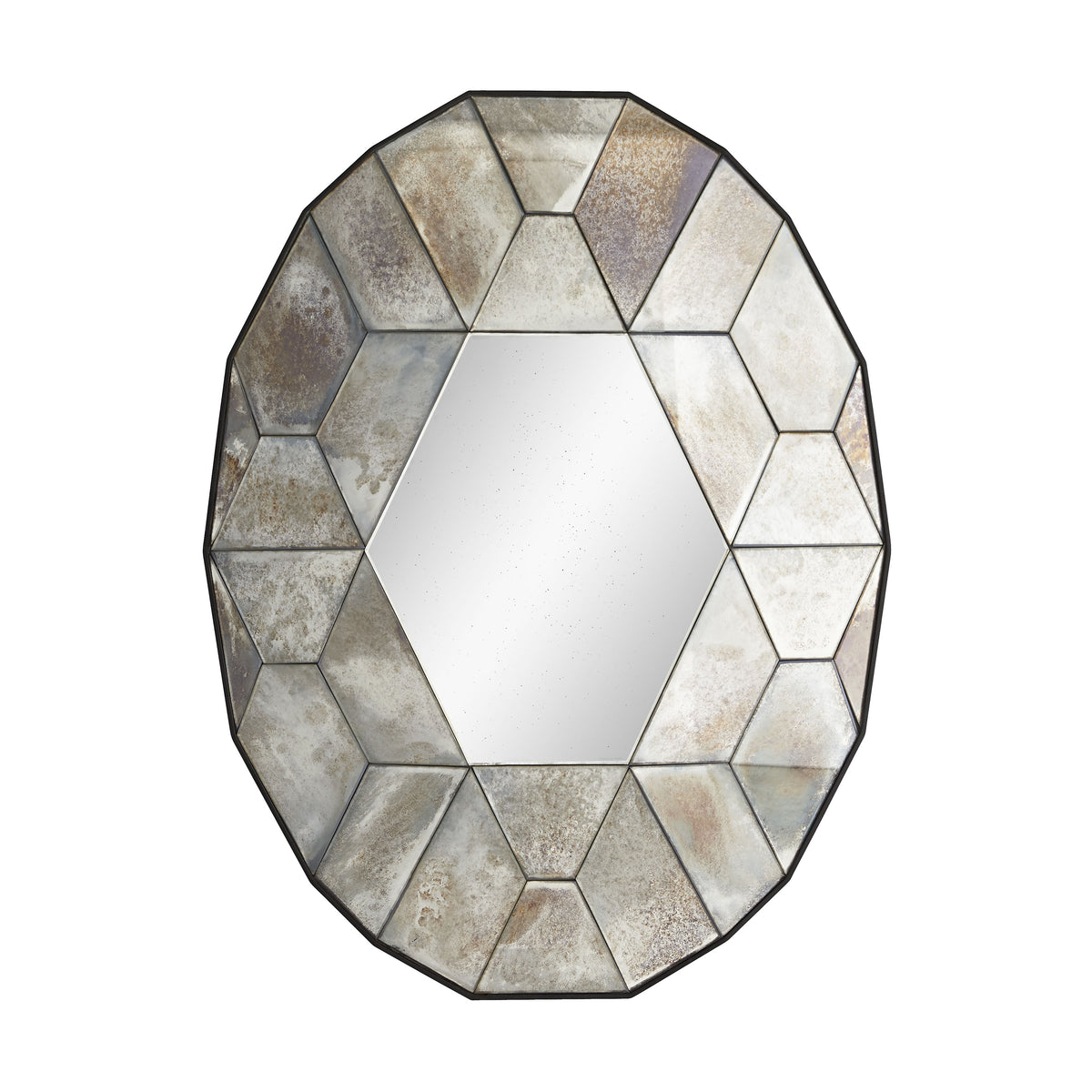 Gemma faceted mirror with antiqued glass panels around a hexagon center