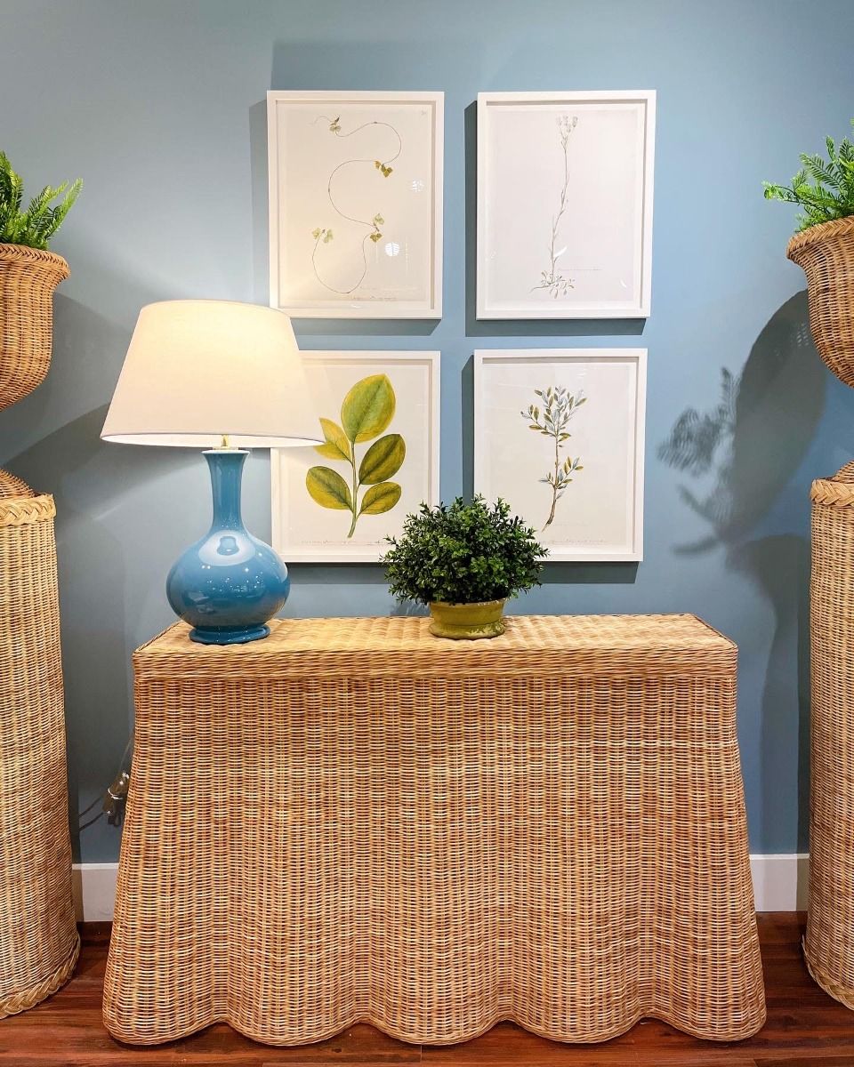 Natural rattan scalloped console table in coastal style – Rachel Blindauer