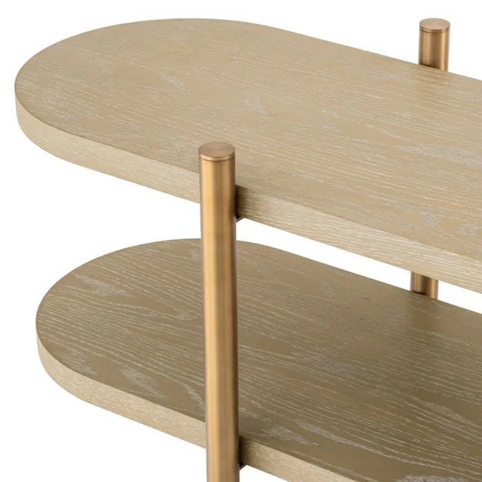 Larkspur Washed Oak & Brass Console Shelf brass post detail