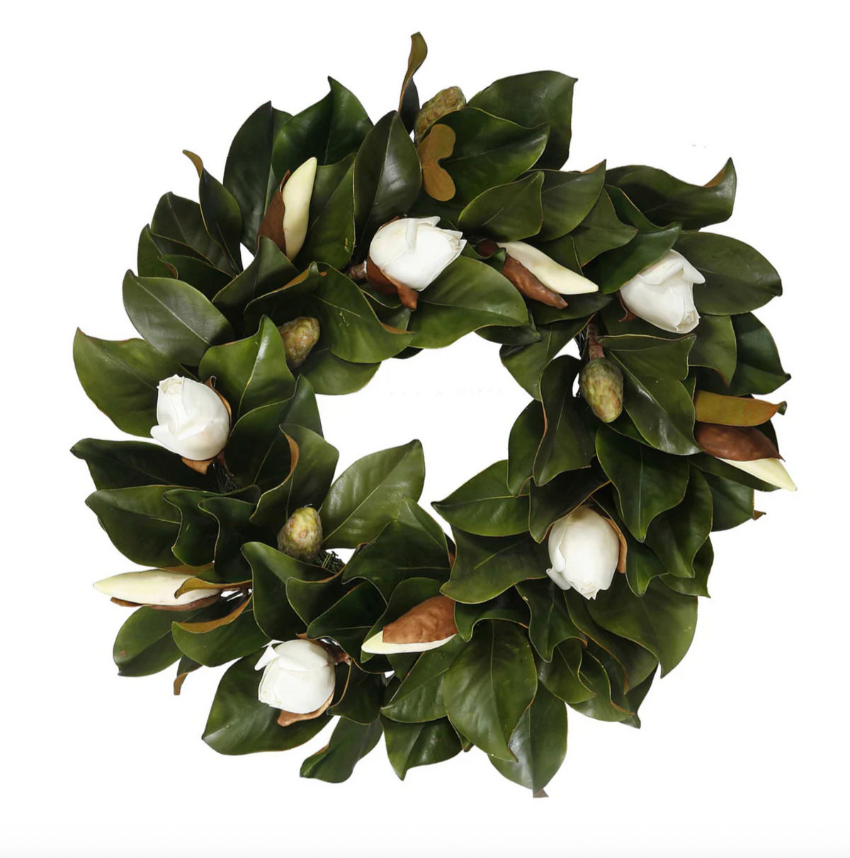 Magnolia Bud Wreath — 24-inch faux floral wreath with glossy magnolia leaves and delicate white buds on white background, one of Rachel Blindauer's favorites