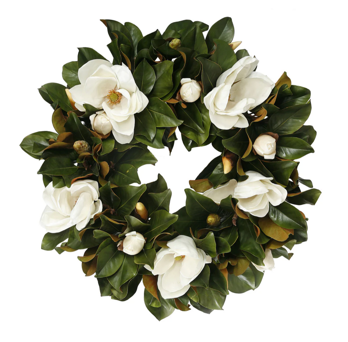 Magnolia Wreath 30-inch Luxury Faux Floral Wreath — glossy faux magnolia leaves and soft white blooms on white background by Rachel Blindauer
