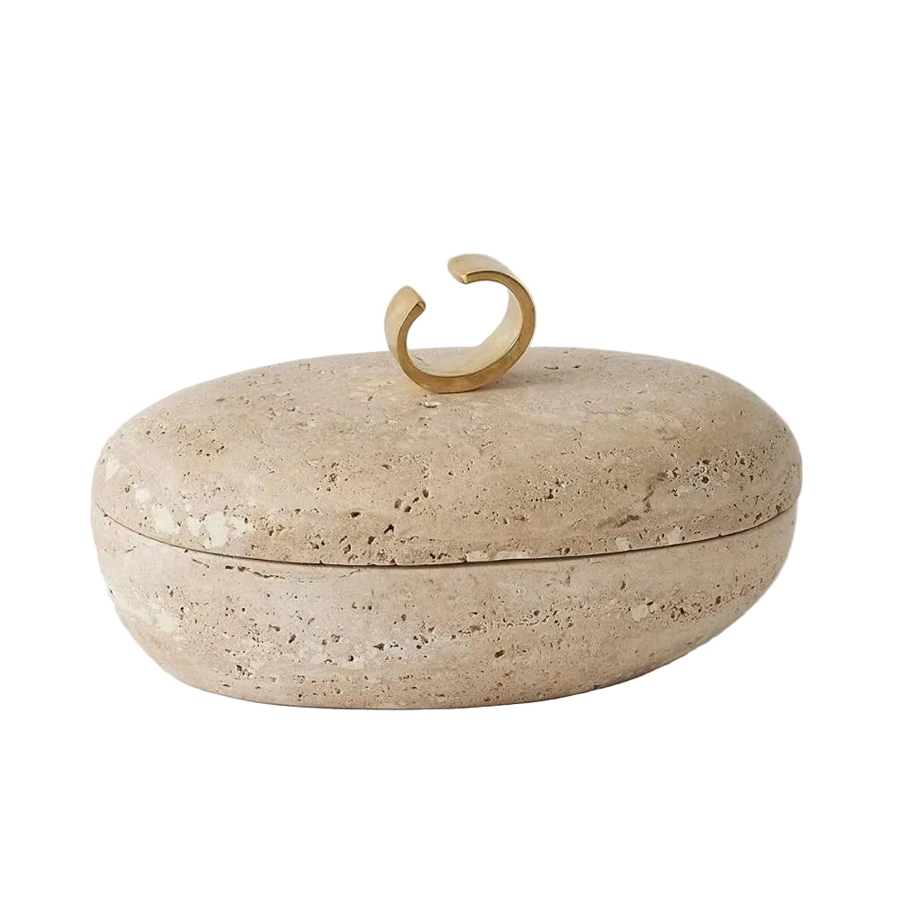 Pebble Form Lidded Pot, small travertine lidded box with a brass ring handle