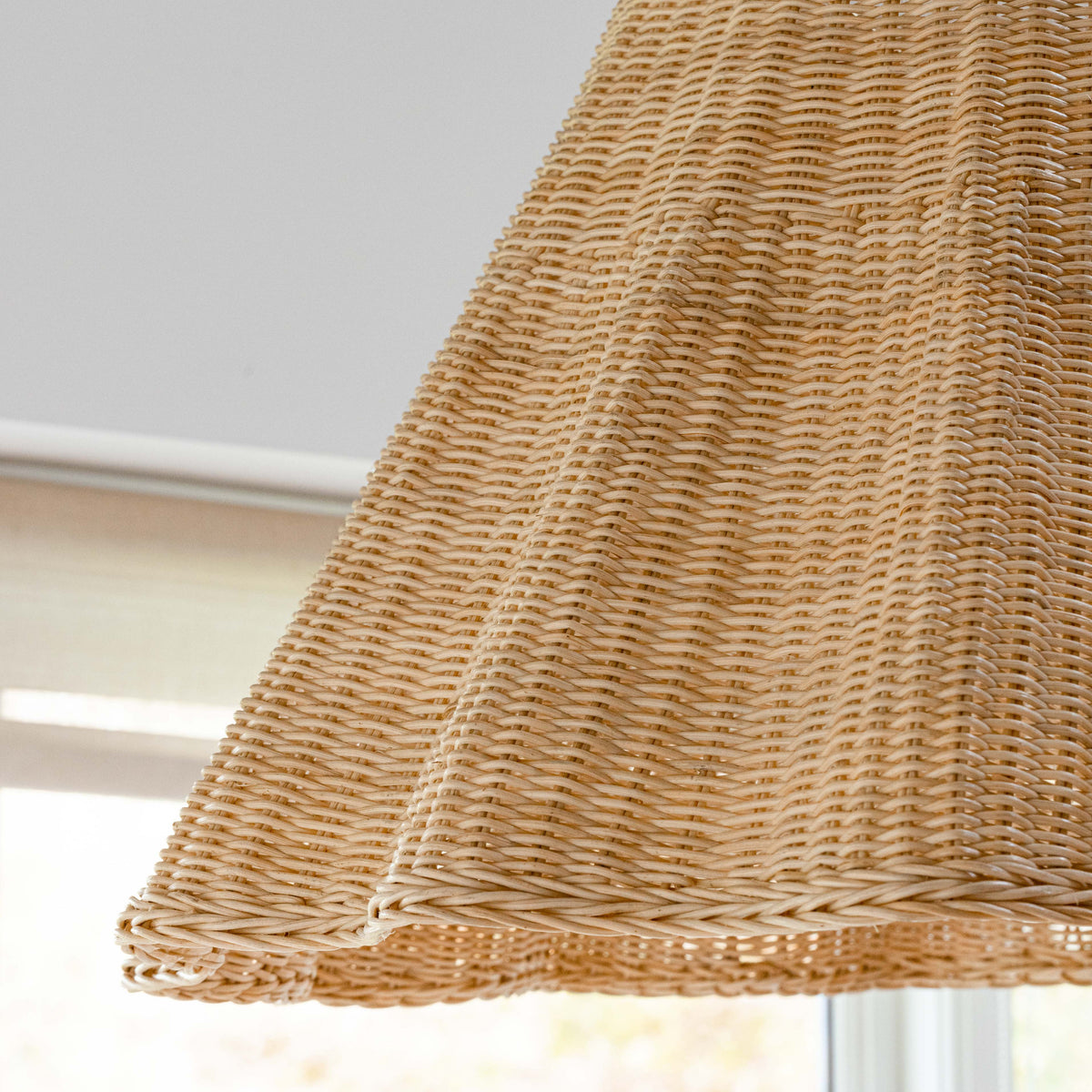 Close-up of the natural rattan weave on the lampshade