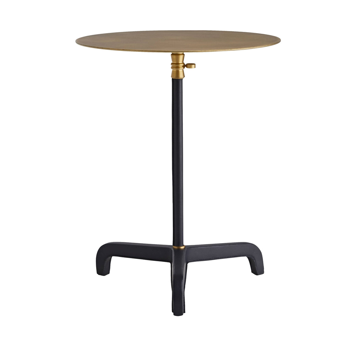 Sellier drink table with navy leather-wrapped stem and brass top