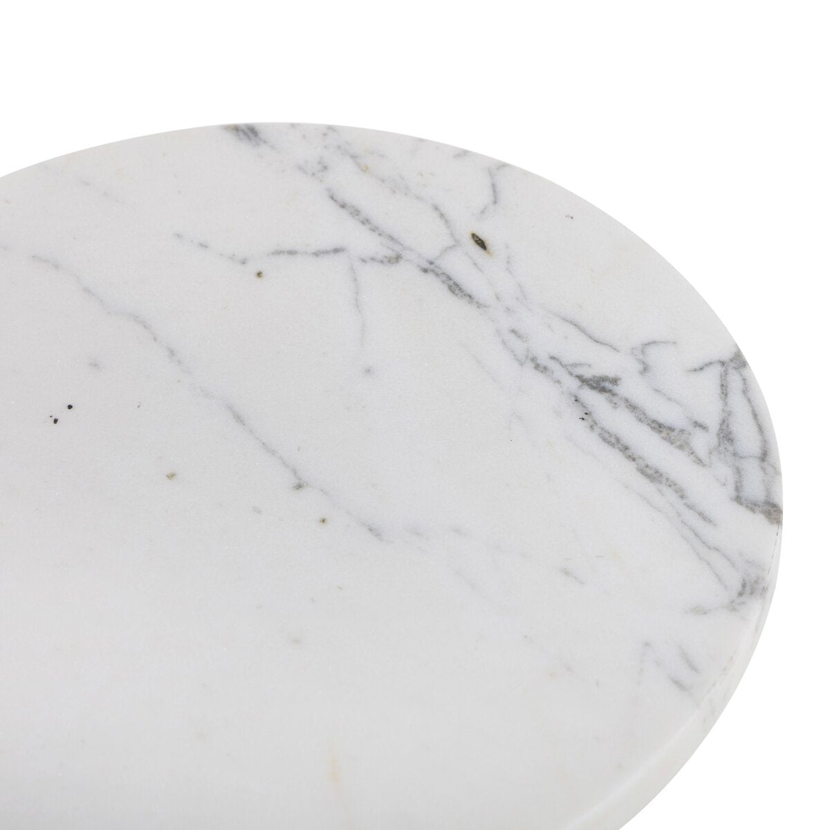 Solenne Marble Accent Table dimensions — round Carrara marble drink table with iron base, height and diameter specifications by Rachel Blindauer