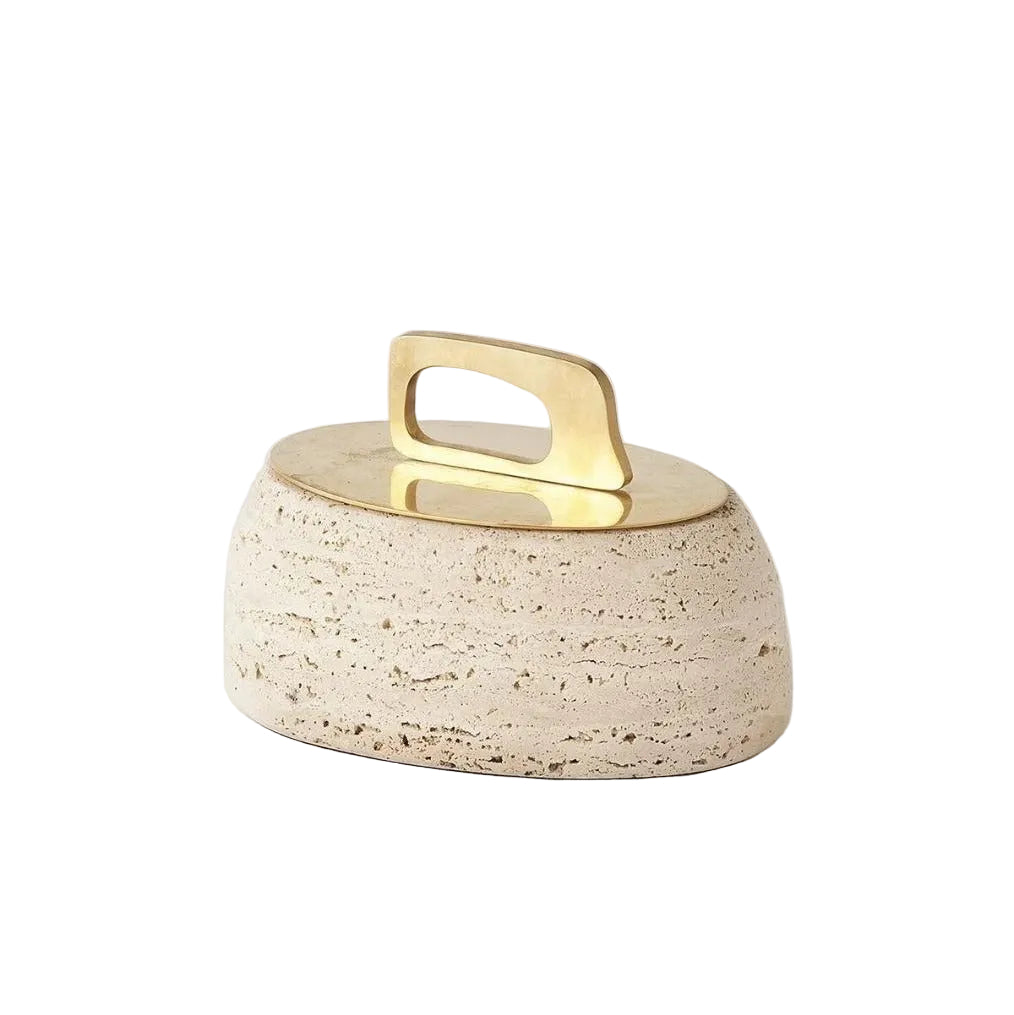 Vessel Form Lidded Jar, small natural stone jar with a sculptural brass handle