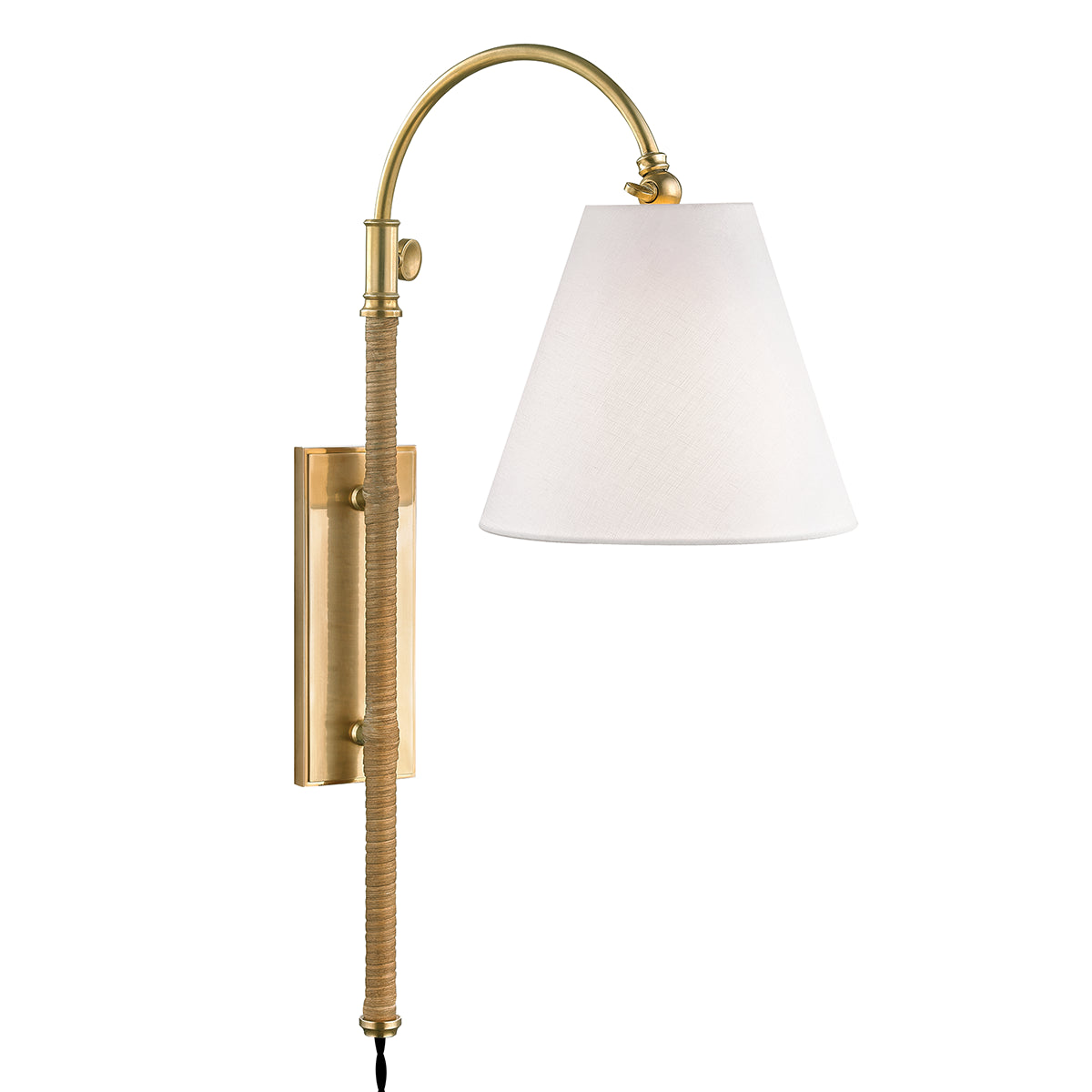 Westcott Arc Plug-In Wall Lamp in Aged Brass & Linen — sculptural arc wall sconce with plug-in cord and natural linen shade by Rachel Blindauer