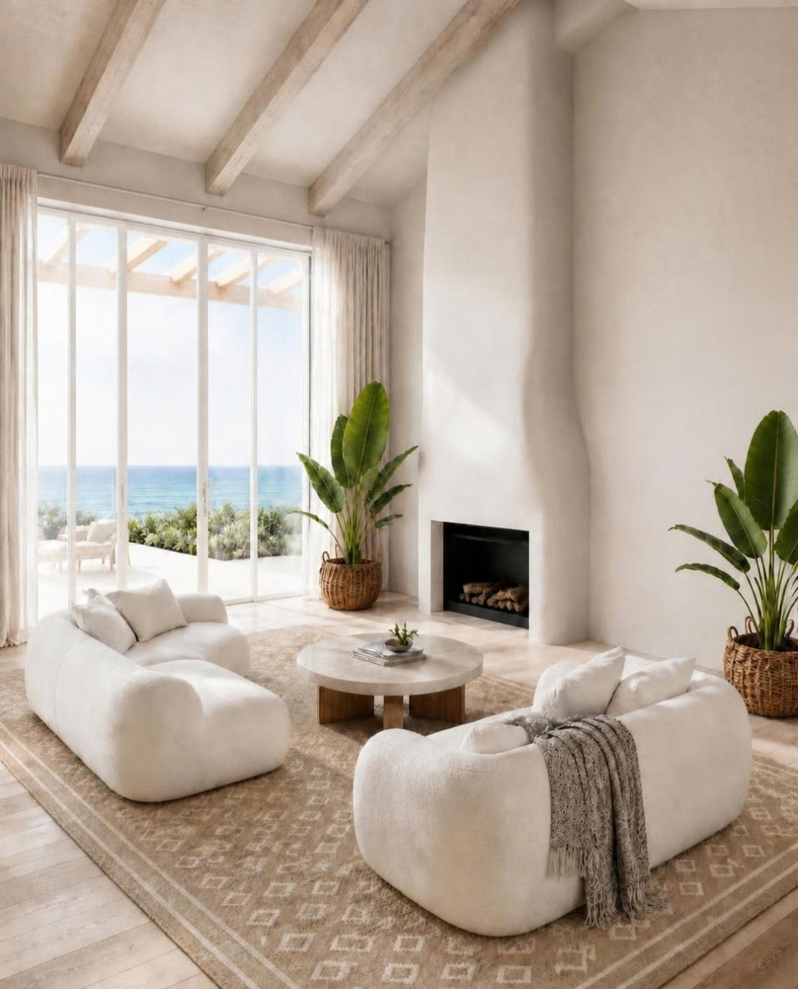 Coastal Sanctuary seaside living room designed by Rachel Blindauer: curved white sofa, travertine coffee table, flatweave rug and seagrass baskets