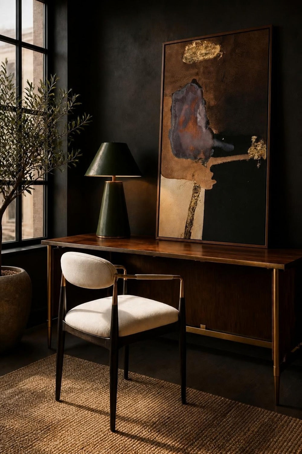 Moody loft study with walnut writing desk, green leather table lamp and cream armchair, designed by Rachel Blindauer