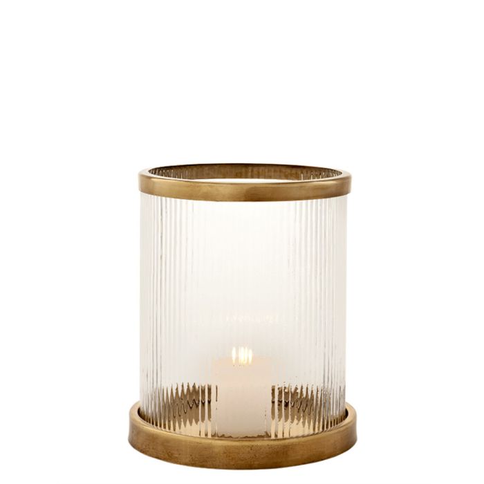 Beaulieu Hurricane, small, antique brass and ribbed glass candle holder