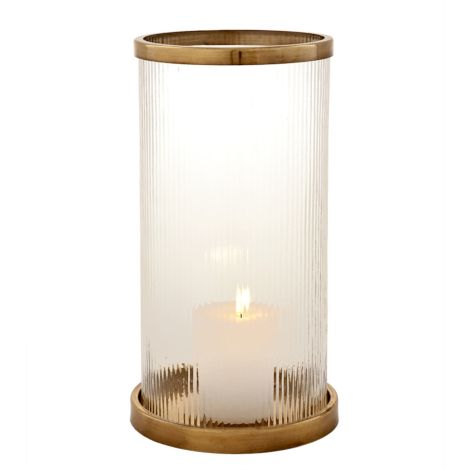 Beaulieu Hurricane, large, antique brass and ribbed glass candle holder