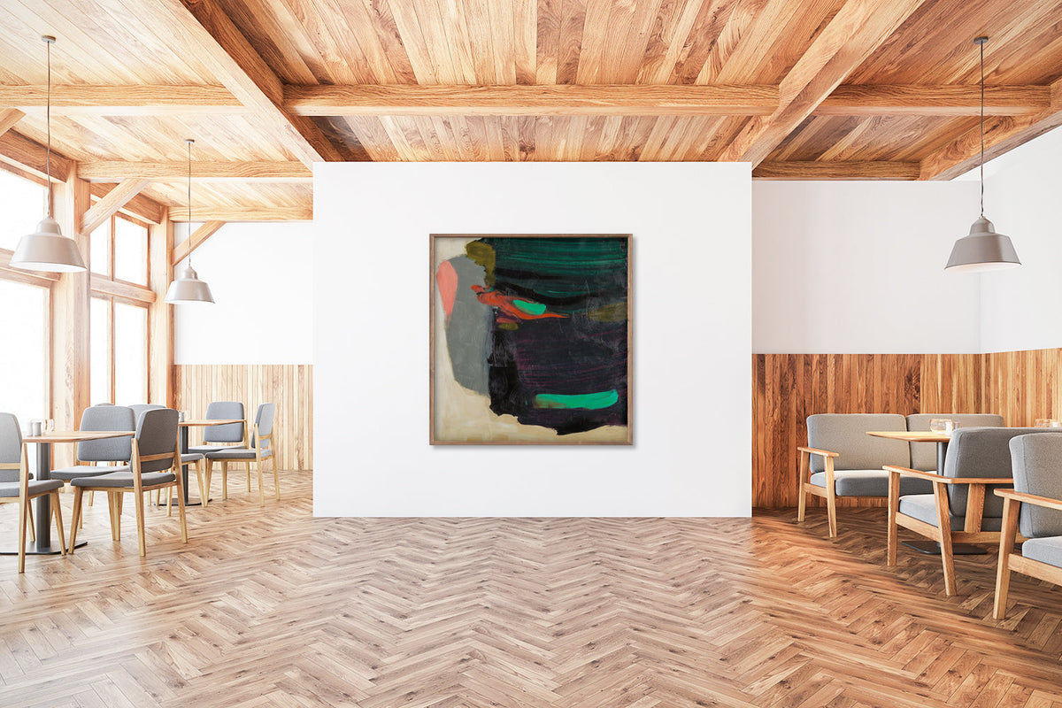 Vertical abstract painting in teal and cobalt blue shown in a living room setting