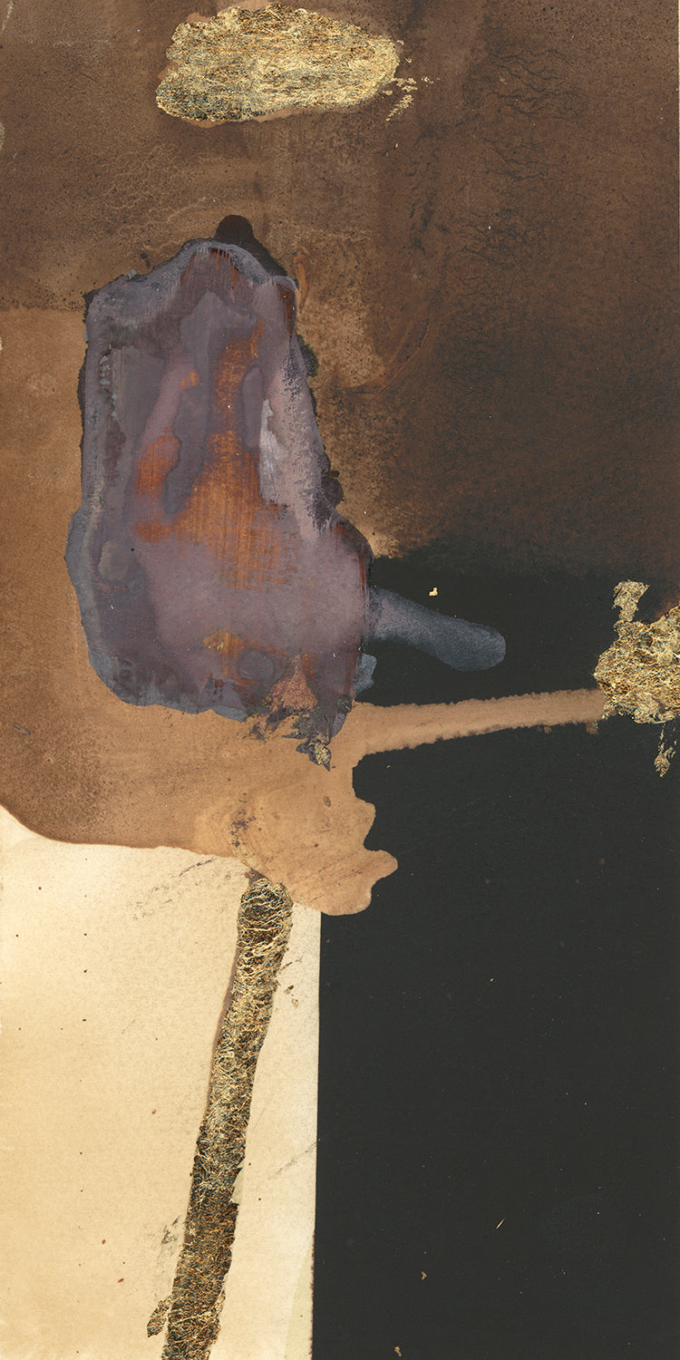Unframed vertical abstract painting in warm amber and copper tones