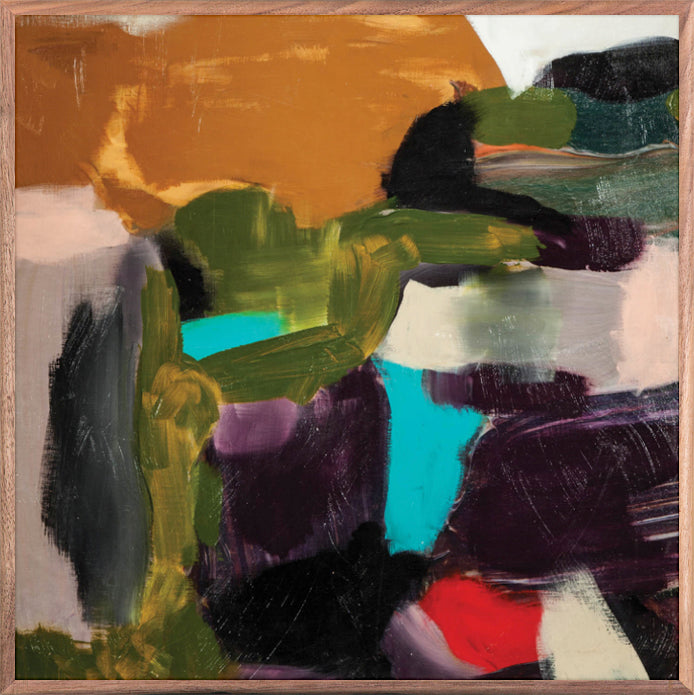 Square abstract painting in saturated emerald and gold jewel tones
