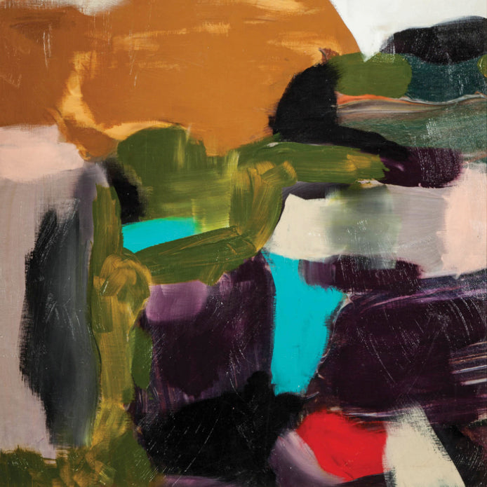 Unframed square abstract painting in emerald and gold tones