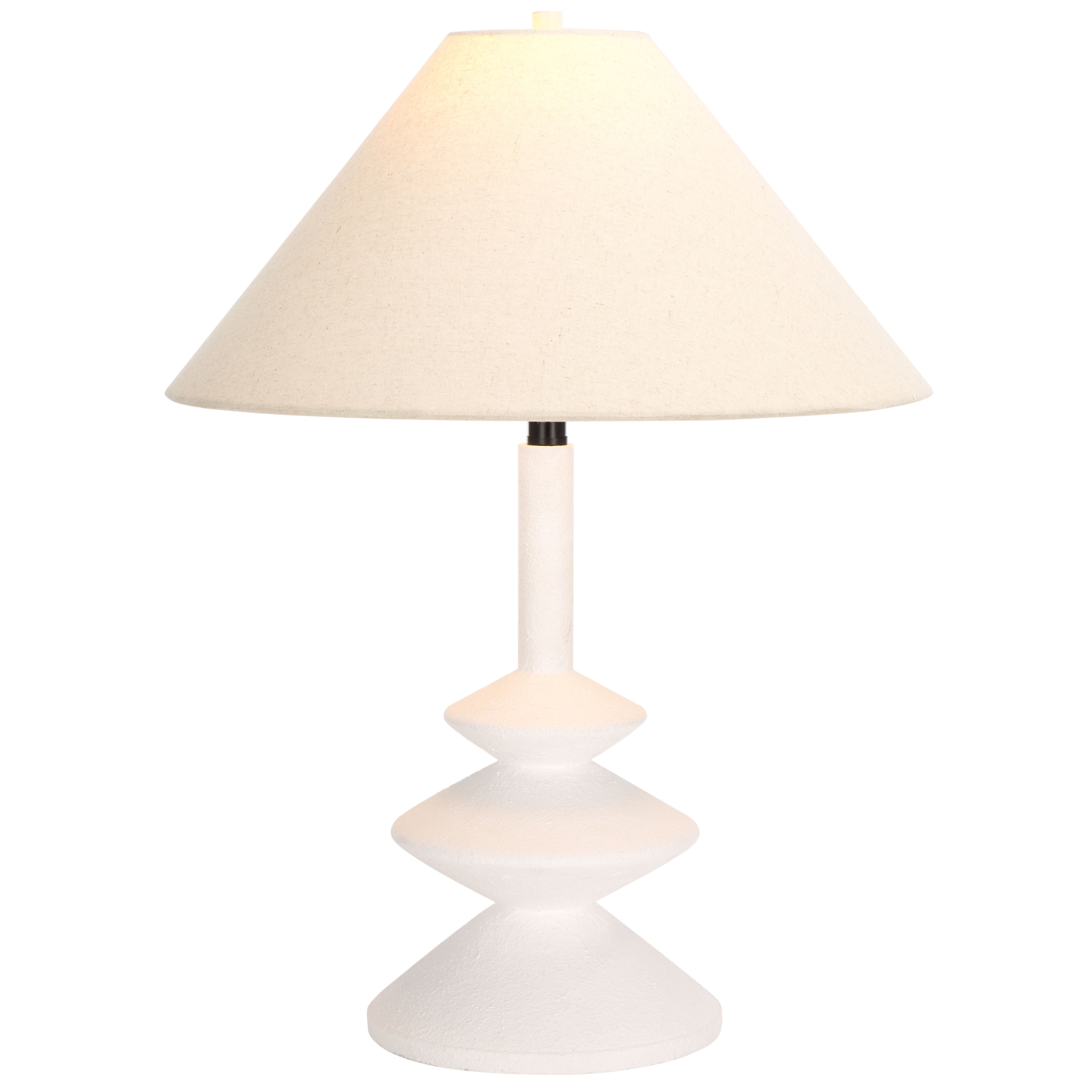 Alcove Table Lamp illuminated — warm glow through fabric drum shade, white polyresin base, by Rachel Blindauer