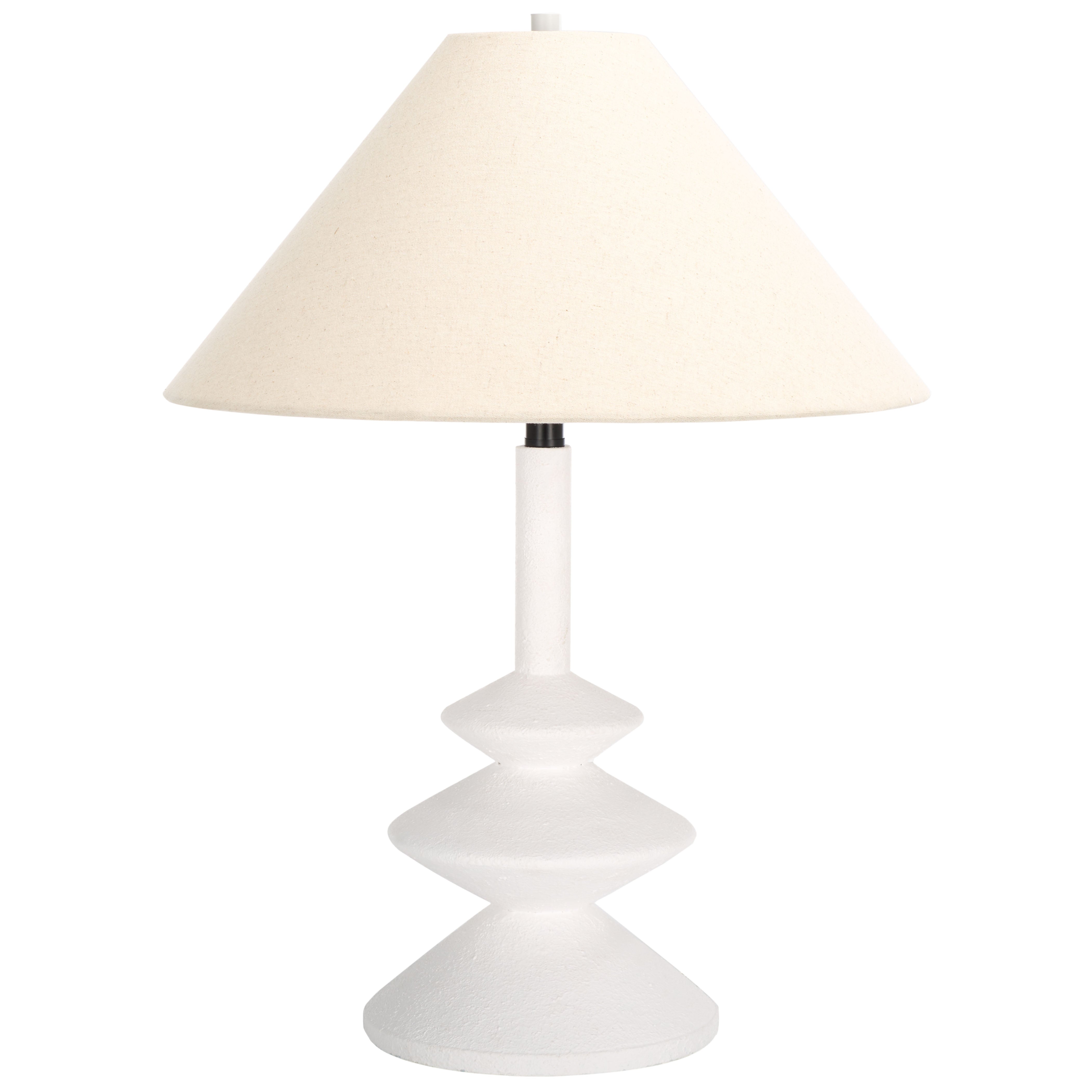 Alcove Table Lamp — sleek white polyresin base with fabric drum shade, neutral designer table lamp by Rachel Blindauer