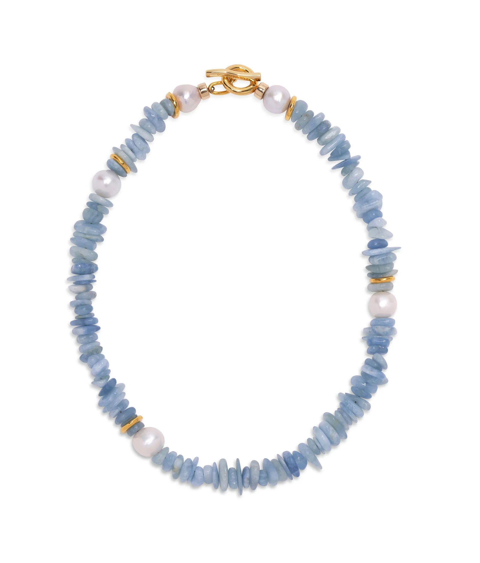 Aquamarine Mood Necklace – Gold Toggle with Freshwater Pearls and Blue Beads | Rachel Blindauer