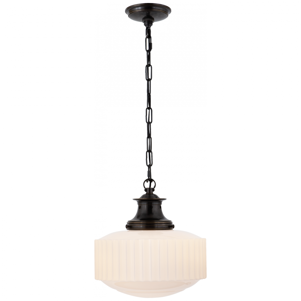 Mid-century inspired glass pendant light with curved white shade and brass accents, suspended by chain for soft, ambient illumination.