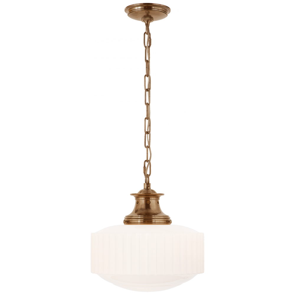 Mid-century inspired glass pendant light with curved white shade and brass accents, suspended by chain for soft, ambient illumination.