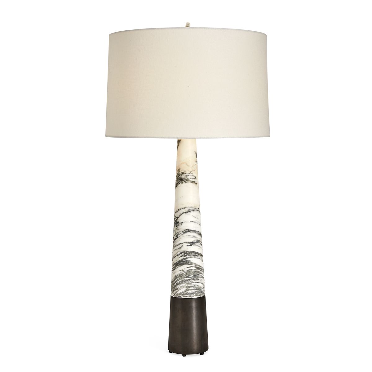 Atelier Table Lamp with tall Arabescato marble base, linen drum shade, and dark bronze dimmer base – refined sculptural lighting by Rachel Blindauer