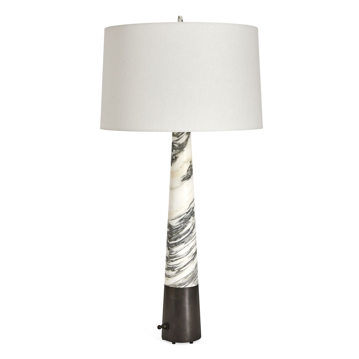 Atelier Table Lamp with tall Arabescato marble base, linen drum shade, and dark bronze dimmer base – refined sculptural lighting by Rachel Blindauer