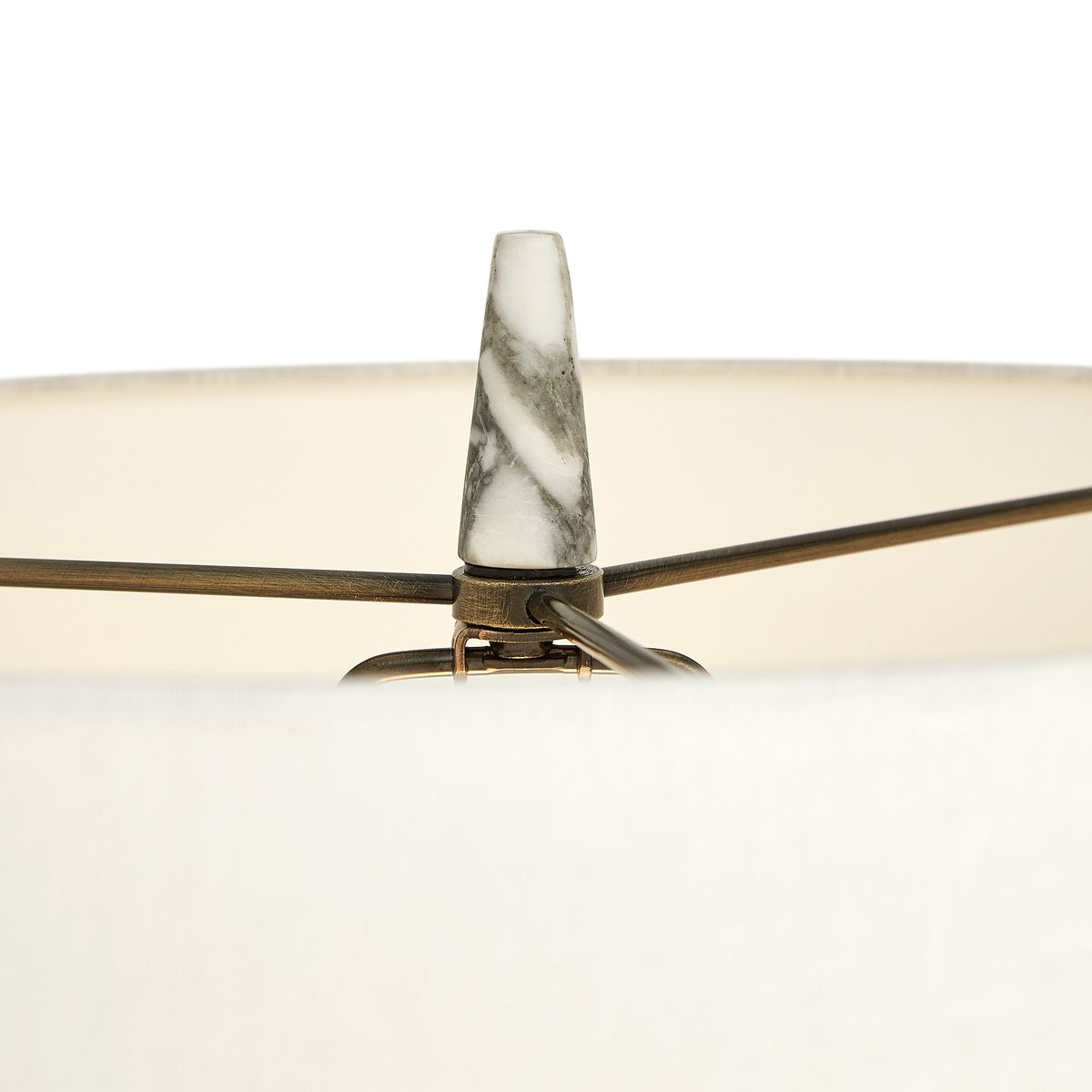 Atelier Table Lamp with tall Arabescato marble base, linen drum shade, and dark bronze dimmer base – refined sculptural lighting by Rachel Blindauer