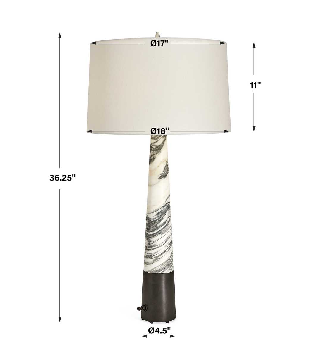 Atelier Table Lamp with tall Arabescato marble base, linen drum shade, and dark bronze dimmer base – refined sculptural lighting by Rachel Blindauer