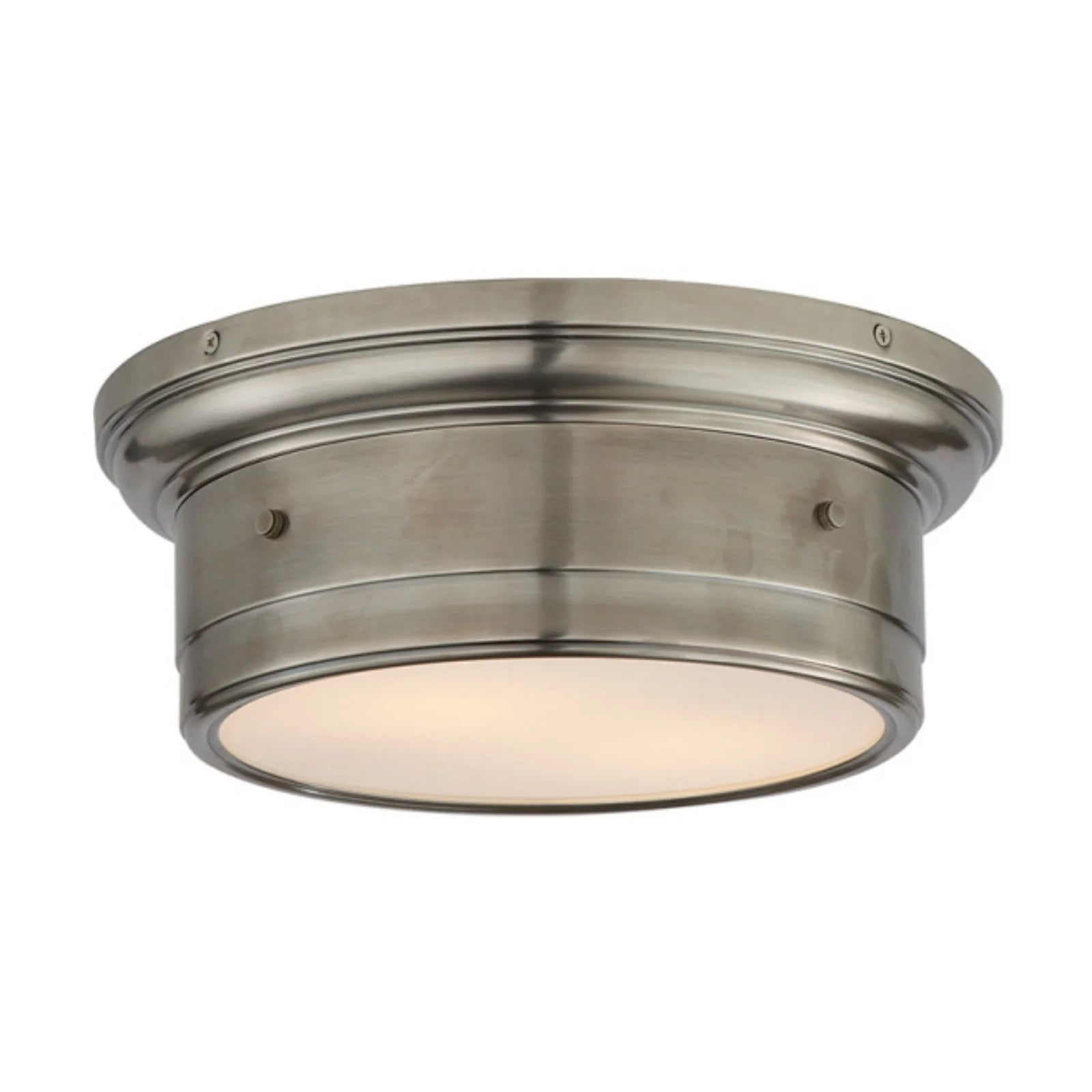 Low-profile glass flush mount with white domed diffuser and metal trim, ideal for elegant lighting in low-ceilinged or transitional spaces.