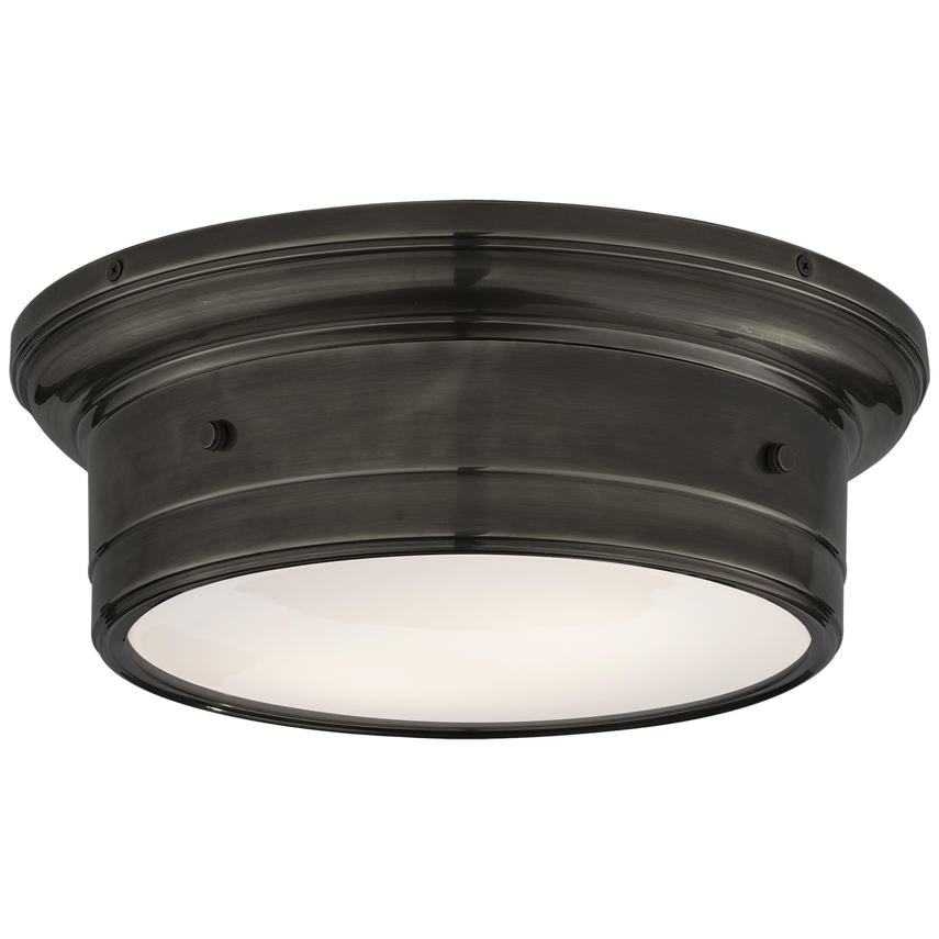 Low-profile glass flush mount with white domed diffuser and metal trim, ideal for elegant lighting in low-ceilinged or transitional spaces.
