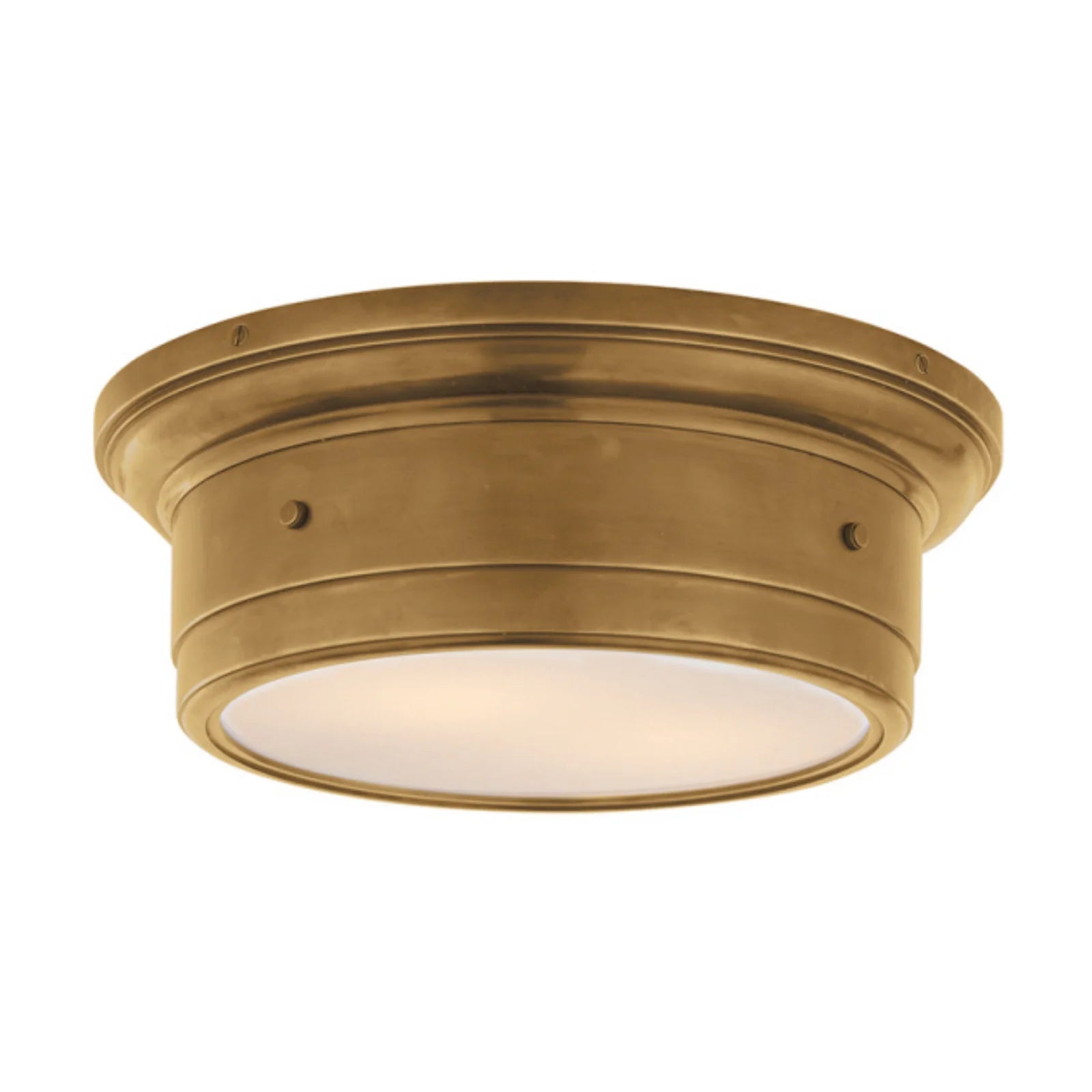 Low-profile glass flush mount with white domed diffuser and metal trim, ideal for elegant lighting in low-ceilinged or transitional spaces.
