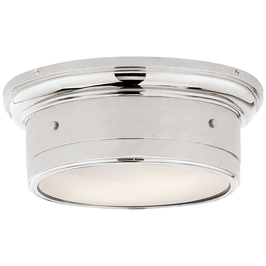 Low-profile glass flush mount with white domed diffuser and metal trim, ideal for elegant lighting in low-ceilinged or transitional spaces.