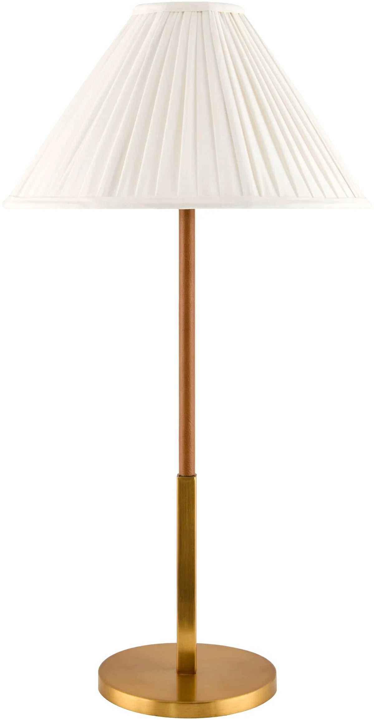 Antiqued gold mid-century table lamp with white cotton shade and slender tapered silhouette