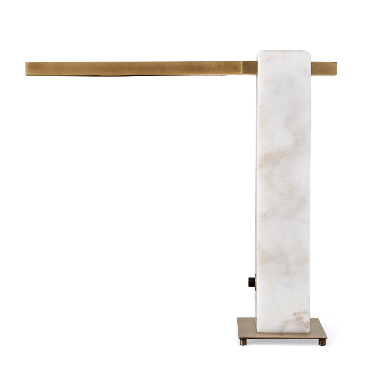 Modern table lamp with honed white marble base, antique brass arm, and pivoting LED light—sculptural and dimmable for desks, bedsides, or living spaces.